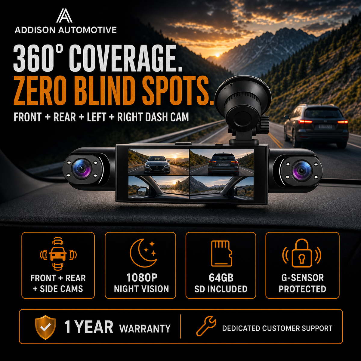 Rivtec GuardView 360 4-Channel Dash Cam - front, rear, left, right coverage