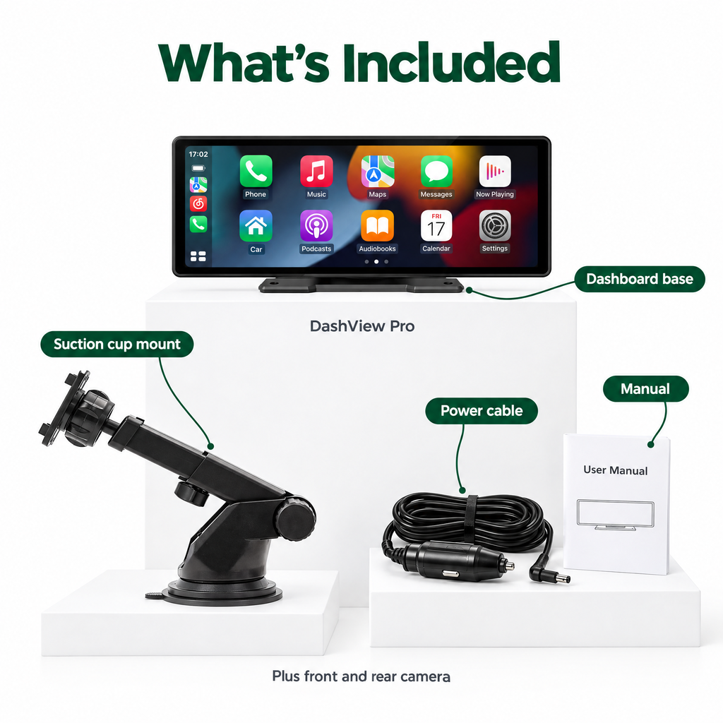 What's included: DashView Pro, suction cup mount, dashboard base, power cable, manual